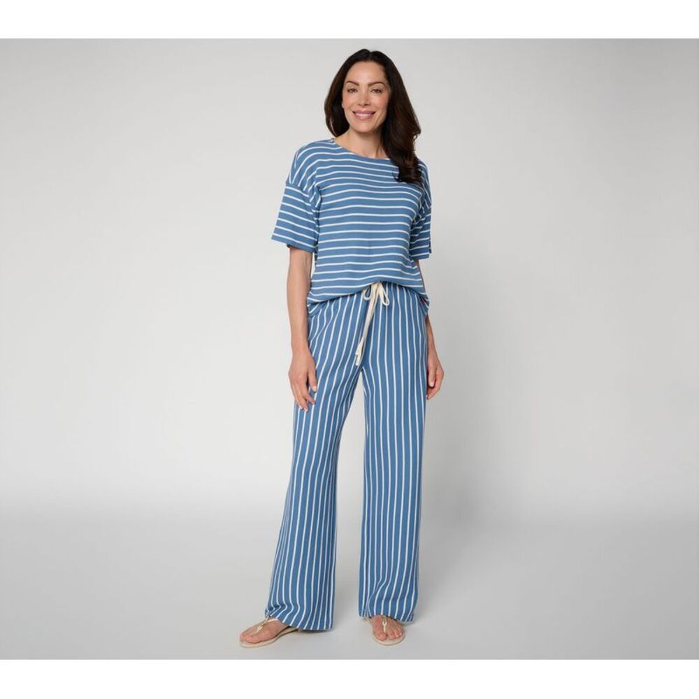 Peace Love World Women's Petite Set PM Hycomb Knit Top Pant Blue
